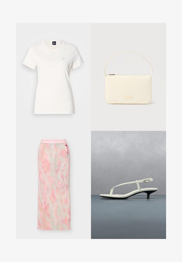 T-shirt en coton blanc avec un col rond et des manches courtes. Présente un petit logo brodé sur la poitrine. Texture lisse.; Jupe longue plissée avec un motif tie-dye doux rose et beige, ornée d'un petit logo circulaire noir près de la ceinture.; Sandale blanche à talon kitten avec des lanières et un bout pointu, flottant au-dessus d'un sol en carrelage en bois en plein air avec un arrière-plan flou de plante et de mur.; Sac à main rectangulaire de couleur crème avec une seule sangle et une fermeture éclair sur le dessus, comportant une petite plaque de logo embossé à l'avant.
