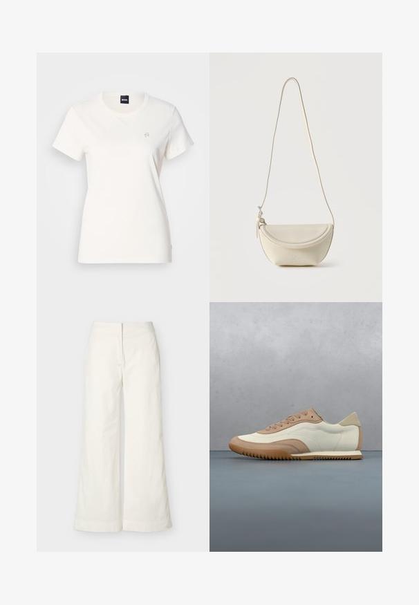 T-shirt en coton blanc avec un col rond et des manches courtes. Présente un petit logo brodé sur la poitrine. Texture lisse.; Pantalon crème taille haute à jambes larges avec fermeture avant dissimulée, fabriqué en tissu léger et doux.; Baskets crème et beige avec une tige texturée, des lacets et une semelle en caoutchouc, présentées au-dessus d'une surface en bois avec des cailloux.; Petit sac bandoulière en cuir crème avec rabat incurvé et longue lanière fine suspendu sur un fond uni.
