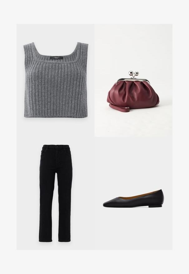 Weekend Max Mara ZURCA - Débardeur - antracite; Jeans en denim noir avec des jambes droites, une taille mi-haute et cinq poches. Comprend une fermeture à bouton à l'avant et des passants de ceinture.; Chaussure plate en cuir noir à bout pointu avec talon bas et finition lisse, vue de côté sur un fond gris clair.; Petit sac pochette en cuir bordeaux avec fermoir métallique argenté et bracelet sur fond blanc.