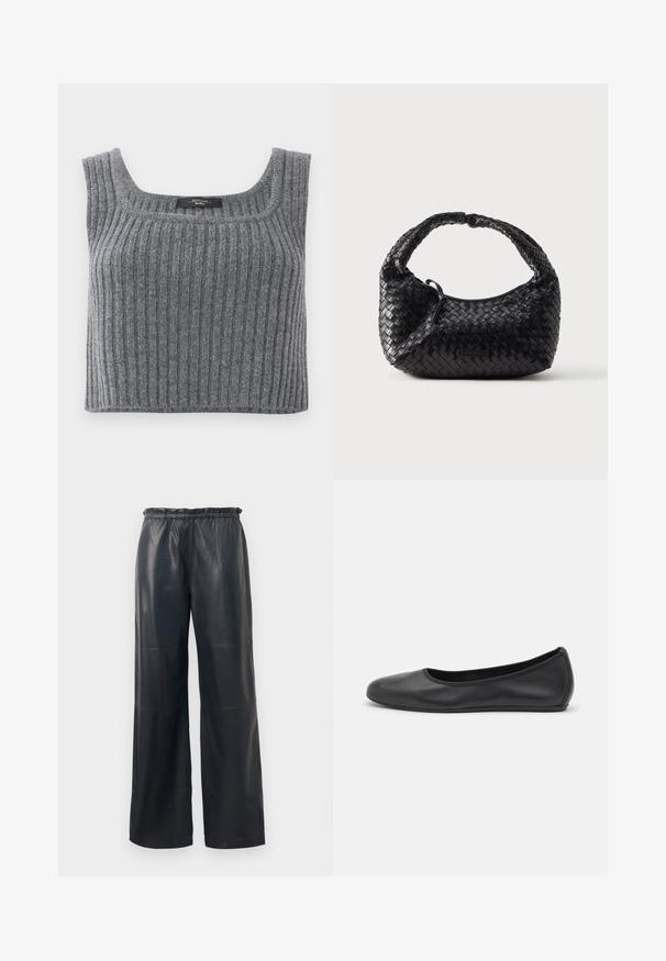 Weekend Max Mara ZURCA - Top - antracite; Schwarze, fauxlederne weite Hosen mit elastischem Bund, die eine glatte Textur und saubere Nähte aufweisen.; Schwarze Leder-Ballettschuhe mit abgerundeter Spitze, glatter Textur, minimalen Nähdetails und einem flexiblen Sohlen-Design.; Schwarze gewebte Handtasche mit abgerundeter Form, strukturierter Oberfläche und einem gebogenen Henkel. Verfügt über ein dezentes Logo-Detail auf der Vorderseite.