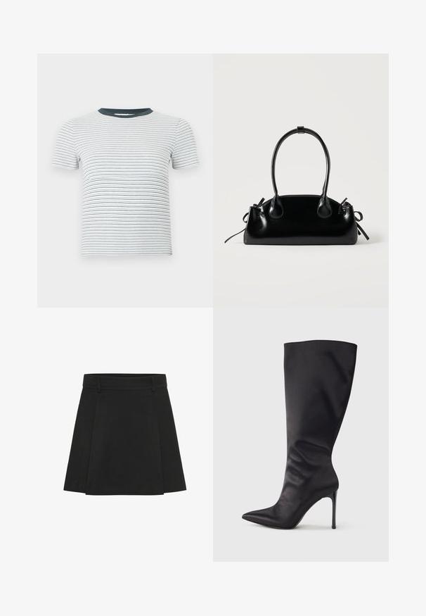 T-shirt blanc à manches courtes en maille côtelée avec de fines rayures horizontales noires et un col rond uni gris foncé.; Jupe plissée noire avec une taille structurée. Fabriquée à partir d'un tissu texturé, elle présente des plis distincts et un ourlet droit.; Botte noire haute jusqu'aux genoux en cuir verni lisse et élégant ; bout pointu ; ajustée avec un léger froncé près de la cheville ; talon brillant.; Petit sac à main noir brillant avec deux longues anses et des détails à cordon sur les côtés sur un fond clair uni.