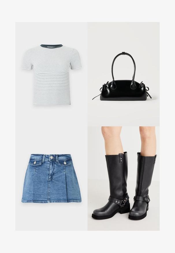 Weißes kurzärmeliges T-Shirt aus Rippstrick mit dünnen, horizontalen schwarzen Streifen und einem einfarbigen, dunkelgrauen Rundhalsausschnitt.; Blauer Denim-Minirock mit vorderer Knopfleiste, Reißverschluss, zwei geknöpften Klappentaschen und Gürtelschlaufen.; Schwarze Lederstiefel bis zum Knie mit weiter Schaftweite, Riemenverzierungen, silbernen Beschlägen und flacher Sohle. Glatte Textur mit leichtem Glanz.; Kleine schwarze glänzende Handtasche mit zwei langen Griffen und seitlichen Kordelzug-Details vor einfachem hellem Hintergrund.