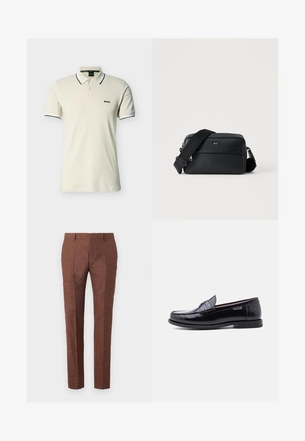 Polo de manga corta beige con cuello y puños a rayas negras y blancas, y logo "BOSS" en el pecho izquierdo.; Pantalones de lino marrones con un acabado texturado, presentan un diseño de corte slim, pliegues frontales cosidos y dos bolsillos laterales.; Mocasines de cuero negro con acabado brillante, que presentan un diseño cosido en la puntera y una suela baja de goma negra texturizada.; Bolso bandolera negro de cuero texturizado con bolsillo frontal con cremallera y correa de hombro ancha de tela ajustable sobre fondo blanco.