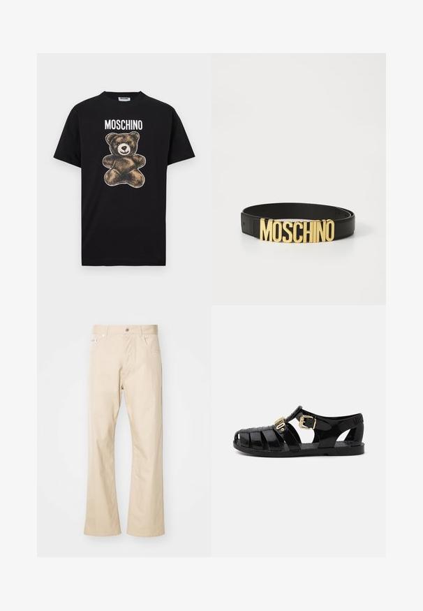 T-shirt en coton noir avec un graphisme d'ours marron à texture vintage. Le texte "MOSCHINO" est inscrit en lettres blanches épaisses au-dessus de l'ours.; Pantalons beiges en coton, avec une coupe droite, deux poches avant, passants de ceinture et fermeture à bouton en métal.; Sandales en caoutchouc noir avec design découpé, dotées d'une fermeture à boucle dorée et d'une semelle intérieure texturée. Logo frappé sur le talon.; Ceinture en cuir noir avec une grande boucle en or « MOSCHINO », texture lisse, taille réglable et design minimaliste.