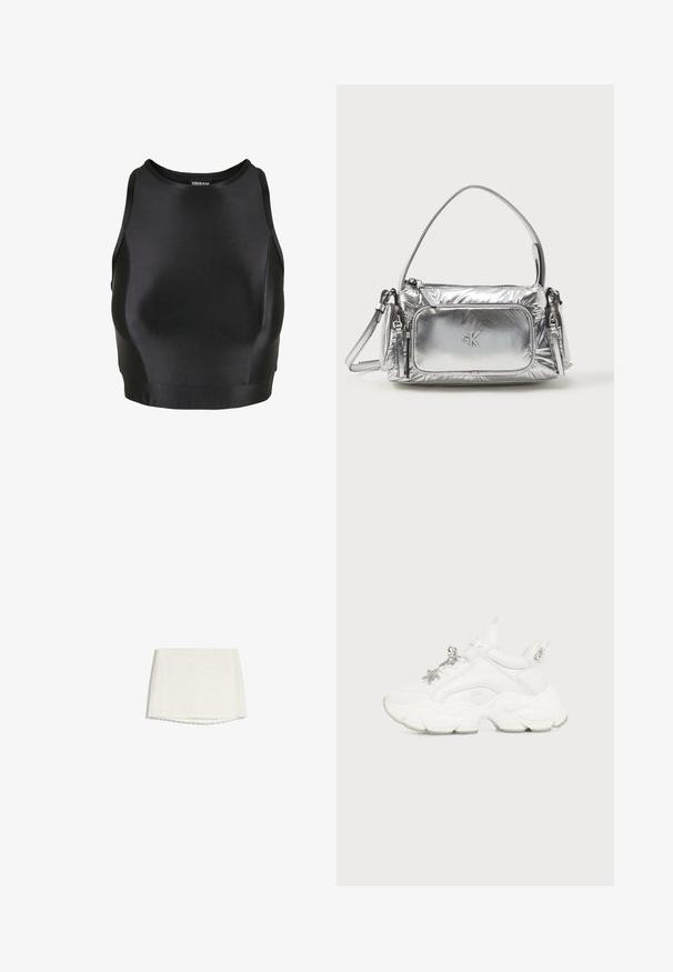 Crop top sans manches noir avec col rond et silhouette ajustée, fabriqué à partir d'un tissu lisse et extensible.; Mini-jupe en dentelle blanche avec motif floral subtil et ourlet en forme de festons, présentée sur un fond blanc.; Baskets blanches épaisses avec une semelle texturée épaisse, des breloques argentées en forme d'étoile et de papillon sur les lacets, et des clous argentés sur la languette du talon.; Sac à main en argent métallique de forme rectangulaire, avec une fermeture éclair sur le dessus et une poche avant. Il est doté d'une courte poignée et d'une sangle réglable. Fini texturé.
