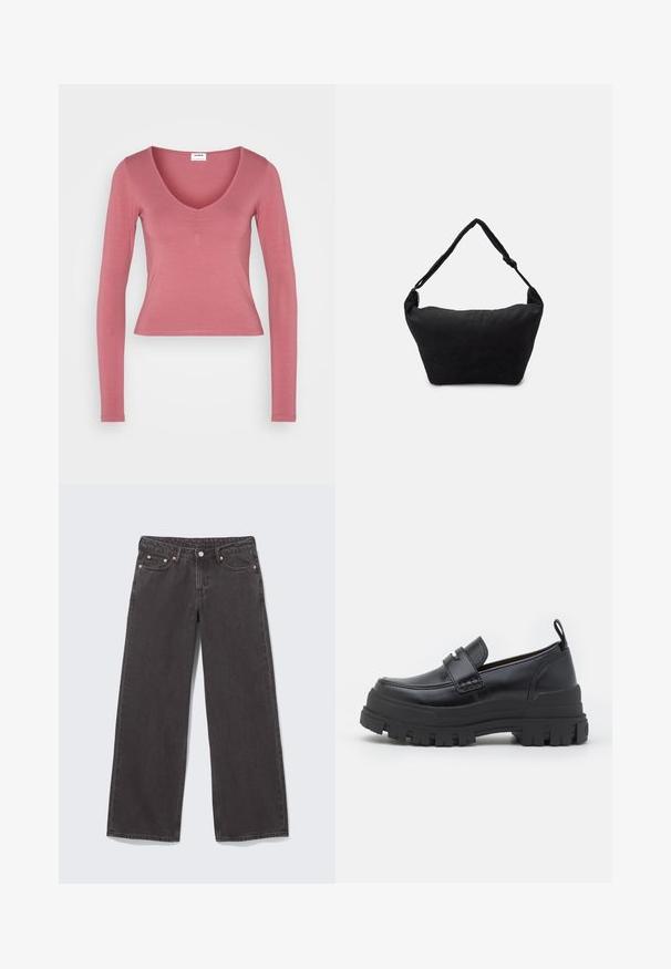 Cotton On LOLA ROUCHED FRONT LONG SLEEVE TOP - Μπλούζα με μακριά μανίκια - soft berry; Φαρδιά μαύρα τζιν από denim με χαλκόχρωμες καρφίτσες, πέντε τσέπες και κλείσιμο με κουμπί. Απαλή, ανθεκτική υφή, με ίσια κοπή από τη μέση έως το τελείωμα.; Μαύρο δερμάτινο μοκασίνι με χοντρή ραβδωτή σόλα, ραφή στο πάνω μέρος, λεπτομέρεια λουριού στο επάνω μέρος και θηλιά στο τακούνι, εμφανίζεται σε πλαϊνή όψη.; Μαύρη υφασμάτινη τσάντα ώμου με μαλακή υφή, στρογγυλή μορφή και έναν μόνο ιμάντα. Μινιμαλιστικός σχεδιασμός χωρίς ορατό υλικό ή αξεσουάρ.