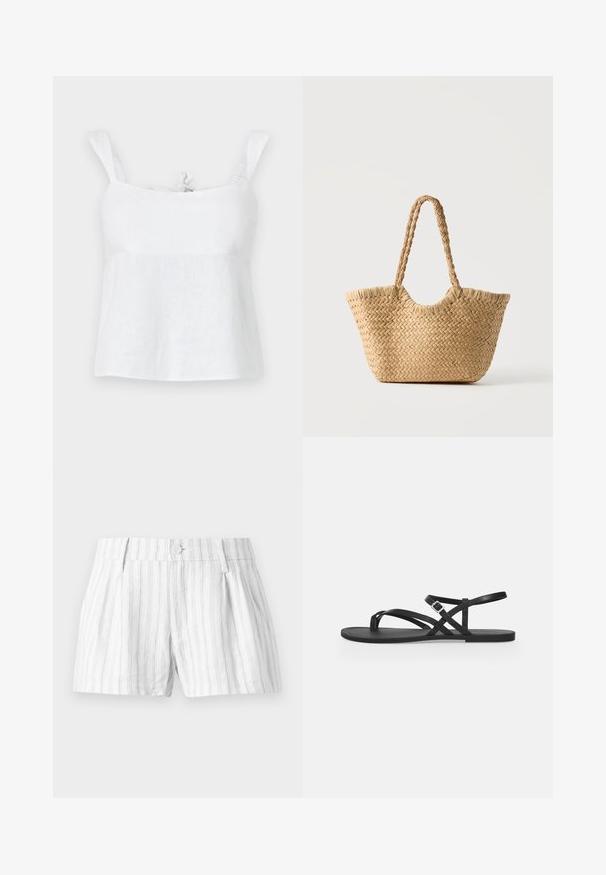 Top de lino blanco con un corte relajado, que presenta tirantes ajustables y un detalle de lazo en el escote, textura suave y un diseño ligero.; Pantalones cortos de algodón blancos con rayas verticales en gris claro, con cierre de botón, pliegues y bolsillos laterales. Diseño simple y casual.; Sandalia plana negra con tiras finas, lazo para el dedo del pie y correa ajustable con hebilla en el tobillo sobre un fondo gris claro liso.; Bolso tote de paja trenzada con base ancha, asas trenzadas y color beige natural sobre fondo blanco liso.