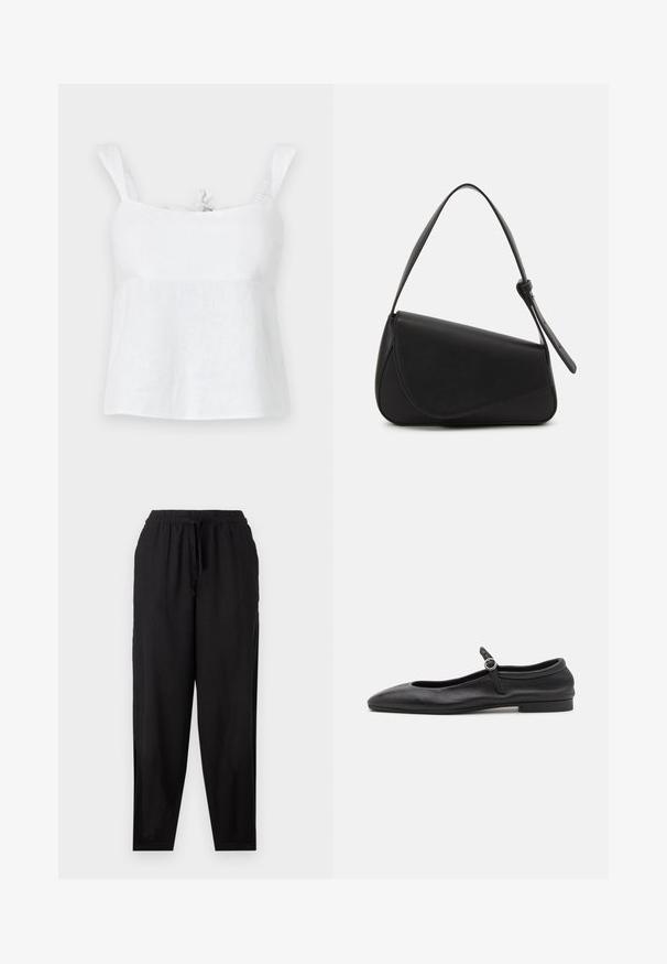 Top de lino blanco con un corte relajado, que presenta tirantes ajustables y un detalle de lazo en el escote, textura suave y un diseño ligero.; Pantalones de tela negra ligera con cinturilla elástica, detalle de cordón y piernas ajustadas. Textura suave; diseño minimalista.; Bailarinas de cuero negro con punta redonda, escote estrecho y una pequeña correa en el tobillo con una hebilla circular. Suela baja y plana.; Bolso de mano de cuero negro con forma triangular, tapa en ángulo y un asa superior redondeada. Presenta una textura suave y detalles de diseño minimalistas.