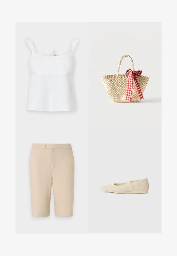 Top de lino blanco con un corte relajado, que presenta tirantes ajustables y un detalle de lazo en el escote, textura suave y un diseño ligero.; Pantalones cortos de lino beige con cierre de botón delantero, dos bolsillos laterales y un corte recto, con una textura suave y un diseño simple.; Bailarinas beige con un exterior de cuero liso, punta en forma de almendra y una correa elástica en el empeine, con detalles de costura sutiles.; Bolso tote de paja tejido con asas trenzadas y un lazo de cinta a cuadros rojos y blancos atado a un lado.