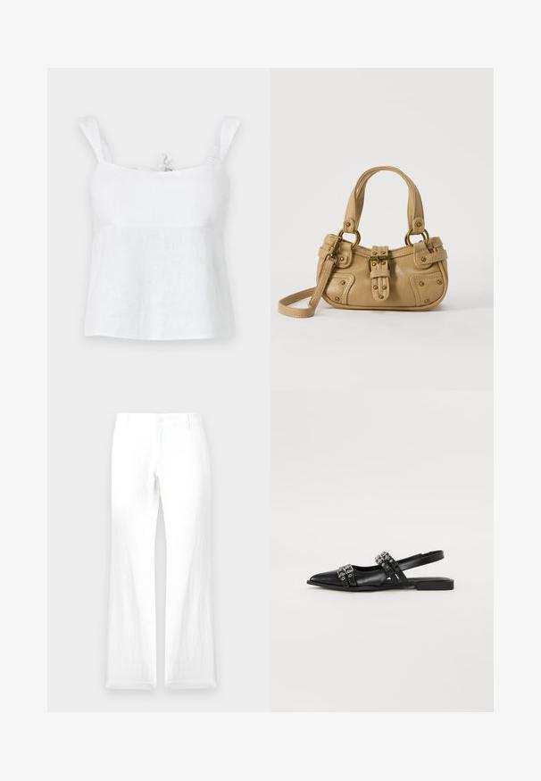 Top de lino blanco con un corte relajado, que presenta tirantes ajustables y un detalle de lazo en el escote, textura suave y un diseño ligero.; Pantalones de lino blancos con pierna recta, cierre de botón y sin patrones visibles. Textura suave y diseño minimalista.; Even&Odd Bailarinas con tira trasera - black; Bolso de cuero beige con doble asa, hebilla y remaches de latón, y una correa de hombro ajustable sobre un fondo blanco.