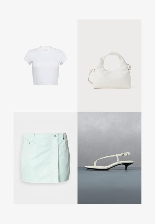 Hvid cropped t-shirt med korte ærmer og ribbet tekstur. Har en rund halsudskæring og en diskret "Calvin Klein"-logo i lys farve foran.; Lys mintgrøn denimskørt med frontlukning med knapper og lynlås, to sidelommer og en ren, glat overflade.; Hvid sandal med stropper og kitten-hæl med spids tå, svævende over et trægulv udendørs med en sløret plante og væg i baggrunden.; Hvid håndtaske lavet af tekstureret syntetisk materiale, med et buet håndtag, geometrisk mønster og aftagelig skulderrem med metal detaljer.
