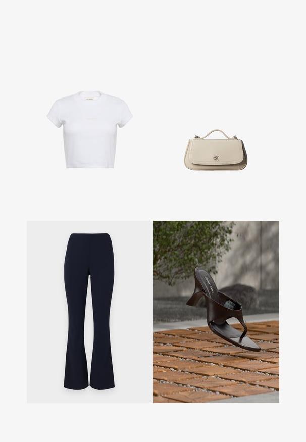 Valge lühikese varrukaga lühike t-särk soonilise tekstuuriga. Omadusteks on ümara kaelusega ja esiküljel hele "Calvin Klein" logo.; Tumesinine kellukujuline püksid, mis on valmistatud siledast kangast, tarkusest kõrgema vöökoha ja kerge venivusega mugavuse jaoks. Ilma nähtava riistvara või mustriteta.; Pruun Calvin Kleini kontsaga varbavahe-sandaal rippumas puidust plaadi ja kruusa peal õues, taustal udune rohelus ja kivimüür.; Väike beež nahast käekott ülemise sangaga ja hõbedase CK logoga esiklapil, valgel taustal.