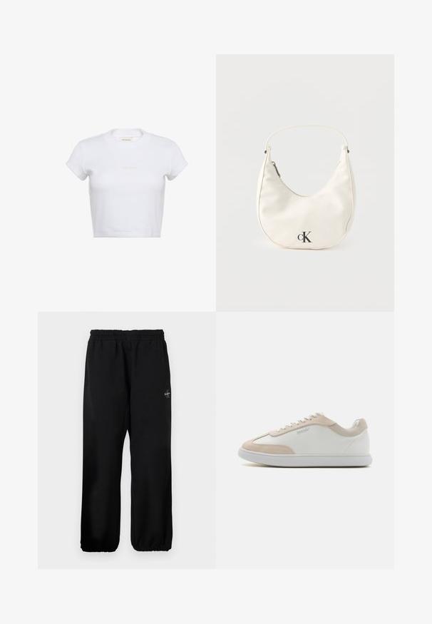 Hvid cropped t-shirt med korte ærmer og ribbet tekstur. Har en rund halsudskæring og en diskret "Calvin Klein"-logo i lys farve foran.; Sorte sweatpants med elastisk talje, løse ben og en lille logo detalje på venstre side. Glat stof tekstur.; Hvide lædersneakers med beige ruskindsdetaljer og hvide snøringer. Har en rund tå og en polstret sål for komfort.; Lille hvid halvmåneformet håndtaske med kort rem, lynlås og sort "cK"-logo foran.
