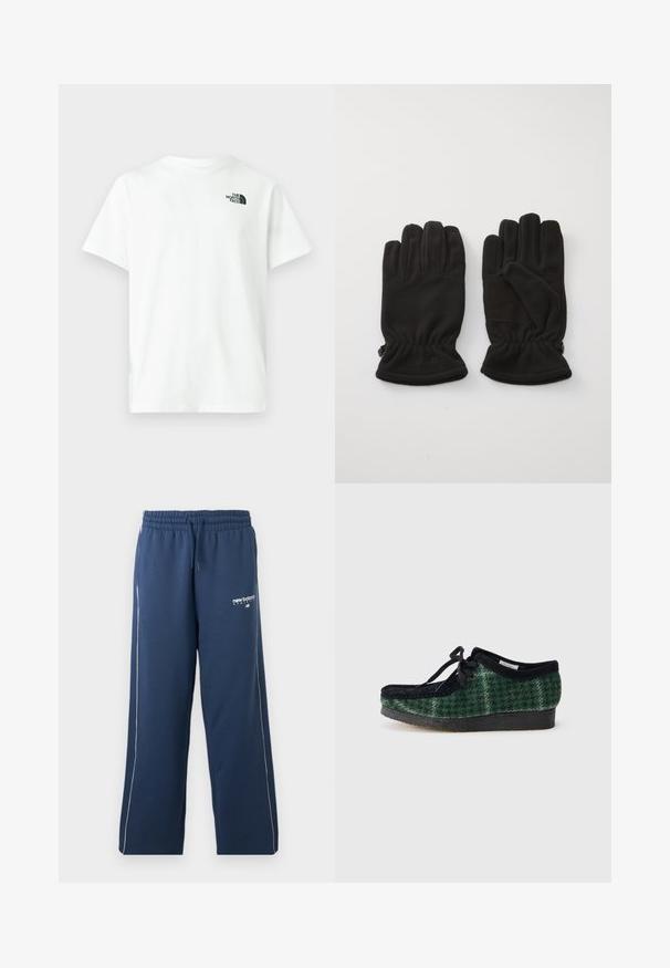 Biele bavlnené tričko s krátkymi rukávmi a okrúhlym výstrihom, so malým čiernym logom The North Face na ľavej strane hrude.; Tmavomodré športové nohavice New Balance s bielymi pruhmi, elastickým pásom a sťahovacou šnúrkou.; Zelené a čierne topánky so vzorom, so zvrškom z semišu, zaoblenou špičkou, šnúrkami a textúrovanou gumovou podrážkou.; Čierne fleecové rukavice s textúrovaným povrchom, so zúženými manžetami a nenápadným logom embosovaným na zápästí. Pozoruhodný dizajn prstov pre obratnosť.