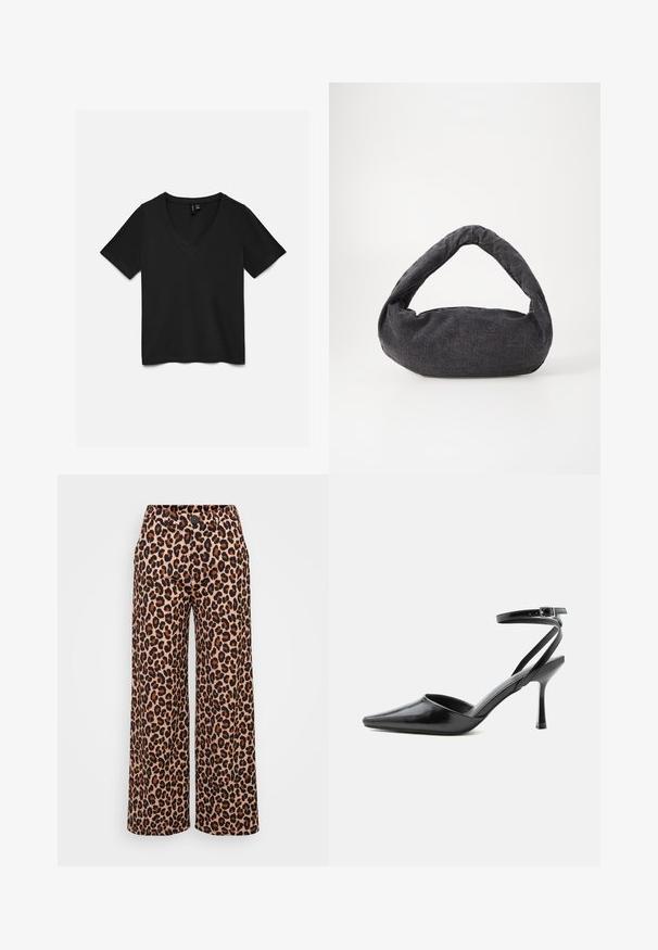 Sort kortærmet V-hals T-shirt lagt fladt ud, der viser forsiden med enkelt design uden synlige mønstre eller logoer.; Even&Odd Petite P-EO-AW21-A-003-SP / PETITE_TAILORED WIDE LEG TROUSERS - Bukser - brown; Sort spids højhælet sko med tynde ankelremme og sølvspænde på en ensfarvet lys baggrund.; Mørkegrå stofpose med et buet håndtag, blød tekstur og rund form. Ingen synligt hardware eller pynt.