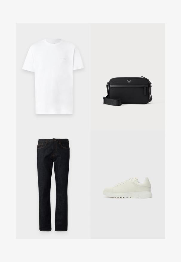 Hvid bomulds t-shirt med korte ærmer, rund halsudskæring, der har et diskret gråt logo print på venstre bryst og en glat overflade.; Mørkeblå slim-fit jeans med orange syninger, knaplukning og femlomme-design, præsenteret fladt mod en hvid baggrund.; Hvide lædersneakers med struktureret overdel, rund tå, flad hvid sål og tonede snørebånd. Subtil branding på tungen.; Sort rektangulær crossbody-taske med lynlåslomme foran, justerbar rem og lille metallogo øverst i midten.