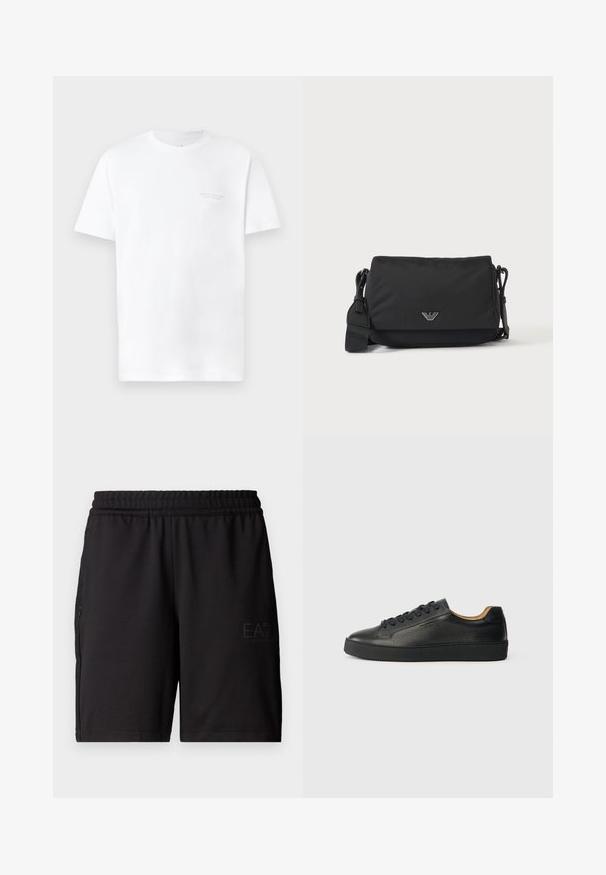 Camiseta de algodón blanca con mangas cortas, cuello redondo, con un sutil estampado de logo gris en la zona del pecho izquierdo y una textura suave.; Pantalones cortos deportivos negros hechos de un tejido ligero, con una cinturilla elástica y paneles laterales de malla. Logo de la marca impreso en la parte delantera.; Zapatilla negra de cuero de caña baja con superficie texturizada, cordones negros y suela de goma gruesa, mostrada de lado sobre un fondo claro.; Bolso bandolera negro con correa ajustable y pequeño emblema de logo plateado en la solapa frontal, mostrado sobre un fondo claro y liso.