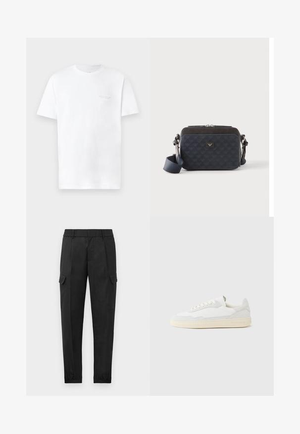 Hvid bomulds t-shirt med korte ærmer, rund halsudskæring, der har et diskret gråt logo print på venstre bryst og en glat overflade.; Sorte cargo bukser med elastisk talje, tapered ben, sidelommer og en enkelt cargo lomme på venstre lår. Glat tekstur.; Hvid sneakers med en øvre del i tekstureret ruskind og læder. Har rundet tå, snørelukning og kontrasterende beige gummisål.; Rektangulær mørkeblå crossbody-taske med justerbar rem, lynlåslukning og diskret logomønster på frontpanelet.