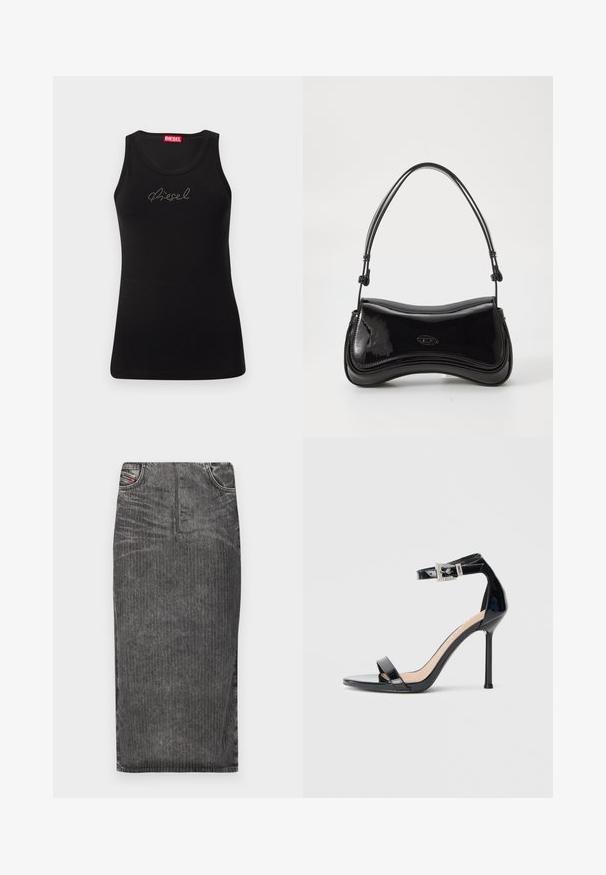 Schwarzes ärmelloses Tanktop mit funkelndem "Diesel"-Logo auf der Brust und rotem Markenschild im inneren Nackenbereich.; Grauer Denim-Midi-Rock mit vertikalen Nadelstreifen, hoher Taillenbund, Fünf-Taschen-Design und einem sauberen Saum.; Schwarzer Riemchensandale aus Lackleder mit hohem Absatz und Knöchelriemen. Verfügt über ein minimalistisches Design, offene Zehenpartie und eine Schnalle mit Strassakzenten.; Schwarze Handtasche aus lackiertem Leder mit einer geschwungenen Form, einem einzelnen Griff und einem runden Boden. Verfügt über ein dezentes Logo-Detail auf der Vorderseite.