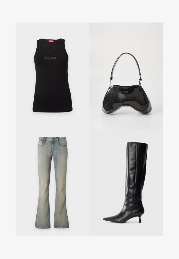 Zwarte mouwloze tanktop met rhinestone "Diesel"-logo op de borst en rood merklabel aan de binnenkant van de halslijn.; Lichtblauwe denim flare jeans met een gemiddelde taille, subtiele vervaging en standaard vijf-pocket ontwerp. Voorzien van een knoopsluiting aan de voorkant.; Zwarte leren kniehoge laars met een spitse neus en slanke gebogen hak. Gladde textuur, aansluitend ontwerp en geen zichtbare hardware of patronen.; Zwarte gepatenteerde leren handtas met een unieke gebogen vorm, korte verstelbare handgreep en een ritsopening. Glad uiterlijk met subtiele branding.