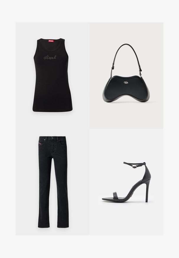 Sort ærmeløs tanktop med rhinsten "Diesel" logo over brystet og rød mærkeetiket indeni ved halsudskæringen.; Sort denim jeans med lige snit, som har fem lommer og subtile syninger. Stoffet har en glat tekstur og minimal falmen.; Sorte højhælede sandaler med åben tå, tynde stropper og spænde om anklen. Glat lædertekstur med spidse tådesign.; Sort håndtaske i kunstlæder med en unik buet form, kort håndtag og et sølvfarvet logodetalje foran. Glat tekstur, minimalistisk design.