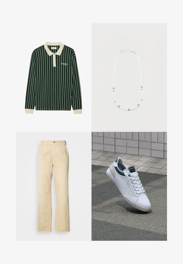 Langsleeve polo shirt in donkergroen met witte verticale strepen. Voorzien van een beige kraag, drieknoopsluiting en geborduurd logo.; Khaki wijde broekspijpen gemaakt van zachte katoen, met een enkele knoopsluiting, steekzakken aan de voorkant en zichtbare stiksels langs de naden.; Witte leren sneakers met groene en beige accenten, met een gestructureerde zool, ronde neus en traditionele vetersluiting.; Witte parelketting met zilveren strass tussenstukjes en een zilveren ketting sluiting, weergegeven tegen een eenvoudige lichte achtergrond.
