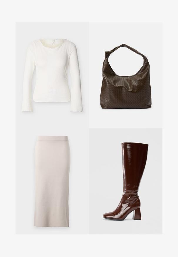 Haut blanc à manches longues ajusté avec une texture florale subtile et un col rond légèrement volanté, présenté sur un fond clair uni.; Jupe crayon en tricot de couleur beige clair, avec une taille côtelée, coupe ajustée et fente latérale pour faciliter le mouvement. Texture douce, design minimal.; Bottes en cuir verni marron jusqu'aux genoux avec un bout carré, finition brillante et un talon épais pour la stabilité. Design sans couture sans matériel visible.; Sac en cuir tressé marron avec une forme souple, une anse unique et une surface texturée. Il présente une finition douce et brillante ainsi que des bords arrondis.