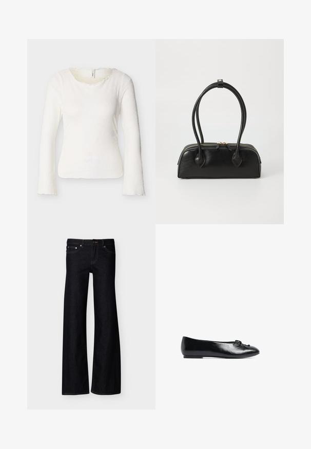 Hvid tætsiddende langærmet top med subtilt blomstermønster og let flæset rund halsudskæring, vist på en enkel lys baggrund.; Sorte vidde jeans i denim med forlommer, knaplukning og synlige syninger, vist mod en ensfarvet hvid baggrund.; Sort læder balletflade med en rund tå, lille sløjfedetalje foran og en lav, fleksibel sål. Glat tekstur hele vejen igennem.; Sort læder håndtaske med to langstrakte håndtag, lynlåslukning og afrundet form; glat tekstur med en subtil blank finish.