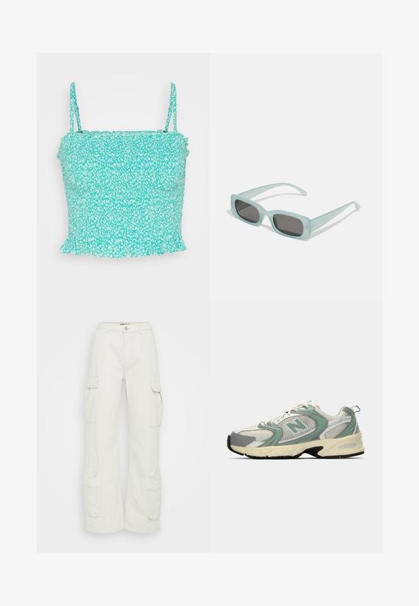 Hollister Co. BARE SMOCKED PEPLUM - Top - green; Cargo-Hosen aus cremefarbenem Baumwollstoff, mit weitem Bein, Seitentaschen und Knopfverschluss an der Taille. Glatte Textur mit funktionalem Design.; Weiße und hellgrüne New Balance Sportsneaker aus Netzstoff, mit beigem Sohlenprofil und schwarzem Profil, seitlich auf einem schlichten Hintergrund dargestellt.; Ein Paar rechteckige Sonnenbrillen mit lichtblauen, halbtransparenten Rahmen und dunkelgrauen Gläsern, ausgestattet mit geraden Bügeln und minimalen Hardware-Details.