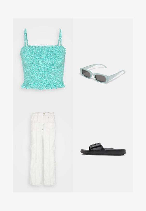 Hollister Co. BARE SMOCKED PEPLUM - Top - green; BDG Urban Outfitters Vaqueros boyfriend - white; Chancla negra con una correa ancha, hebilla ajustable, suela plana y textura mate suave. Diseño simple sin patrones adicionales.; Un par de gafas de sol rectangulares con montura translucida azul clara y lentes gris oscuro, que cuentan con patillas rectas y detalles de hardware mínimos.