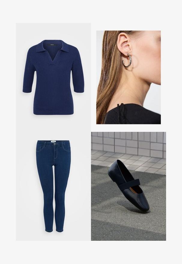Marineblauer gestrickter Pullover mit V-Ausschnitt und kurzen Ärmeln, der einen kontrastierenden Kragen und ein strukturiertes Rippmuster aufweist.; Dunkelblaue Skinny-Jeans aus Denim, mit einem klassischen Fünf-Taschen-Design und einem Frontknopfverschluss. Glatte Textur mit minimalen Nähten.; Schwarze Leder-Ballerina mit runder Zehenpartie, ausgestattet mit einem weichen schwarzen Elastikband über dem Vorderfuß. Glatte Textur und minimalistisches Design.; Silberne Creolen mit polierter Oberfläche, die kleine goldene Akzentdetails und eine runde Form aufweisen, am Ohrläppchen getragen.