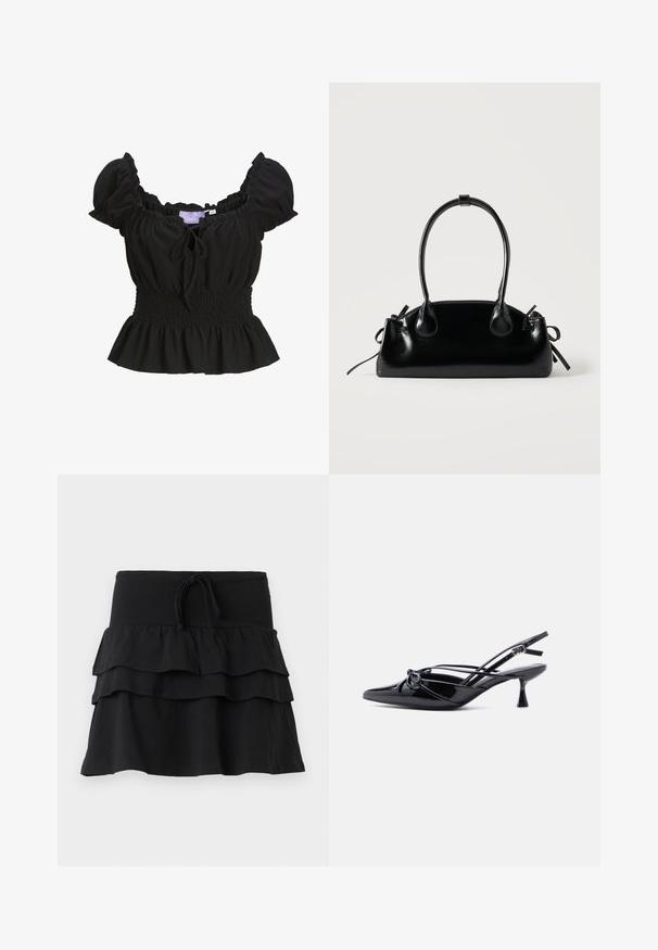 Blusa negra de textura con mangas cortas tipo abullonadas, cintura fruncida y dobladillo con volantes. Presenta un detalle de lazo en el frente y está hecha de una tela ligera.; Falda negra con un diseño en capas, que cuenta con dos capas de volantes y una cintura elástica con cordón. Fabricada con una tela suave para mayor comodidad.; Zapato de salón slingback de charol negro con punta afilada, tacón bajo tipo kitten, y detalle decorativo de lazo anudado en la parte delantera.; Pequeño bolso negro brillante con dos asas largas y detalles de cordón lateral sobre un fondo claro liso.