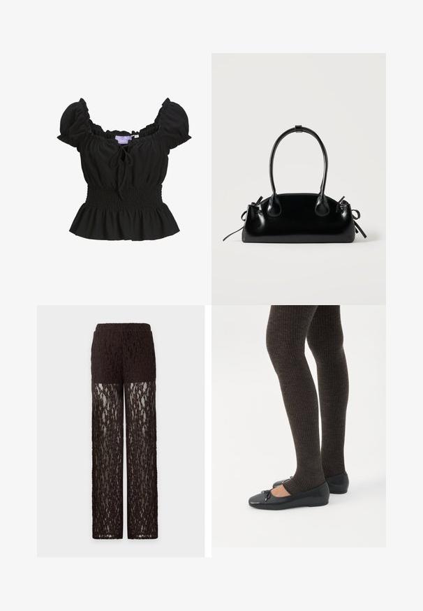 Blouse noire texturée avec des manches bouffantes courtes, une taille smockée et un ourlet à volants. Présente un détail de nœud à l'avant et est fabriquée en tissu léger.; Pantalon en dentelle marron avec partie haute de la cuisse opaque et jambes en dentelle transparente, coupe droite et taille élastique.; Jambes portant des leggings côtelés foncés associés à des ballerines noires avec de petits détails en nœud sur fond blanc.; Petit sac à main noir brillant avec deux longues anses et des détails à cordon sur les côtés sur un fond clair uni.