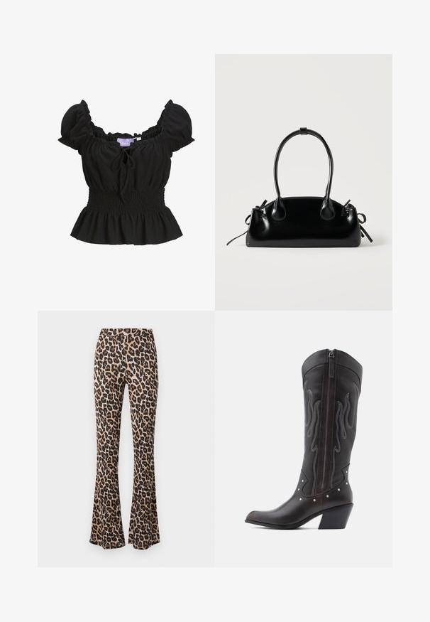 Schwarze strukturierte Bluse mit kurzen Puffärmeln, gerafftem Taillenbund und Rüschensaum. Verfügt über ein Bindeband vorne und besteht aus leichtem Stoff.; Leopardenmuster Schlaghosen in Tan und Schwarz, aus weichem Stoff mit einer glatten Textur, mit einer taillierten Taille und einem ausgestellten Saum.; Braune Cowboy-Stiefel aus Leder mit Flammenstickerei, seitlichem Reißverschluss, silbernen Nieten, spitzer Zehenpartie und geschichtetem Absatz.; Kleine schwarze glänzende Handtasche mit zwei langen Griffen und seitlichen Kordelzug-Details vor einfachem hellem Hintergrund.
