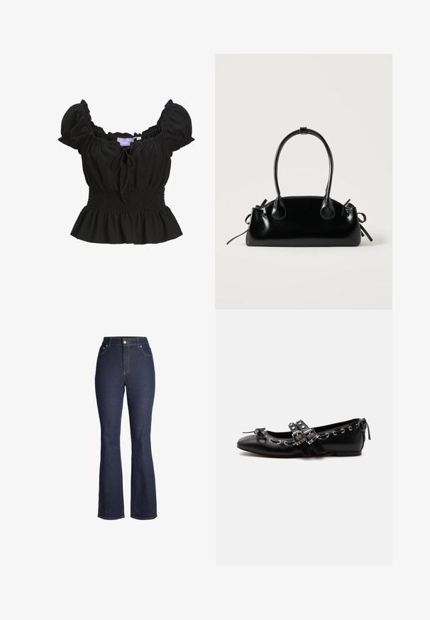 Blouse noire texturée avec des manches bouffantes courtes, une taille smockée et un ourlet à volants. Présente un détail de nœud à l'avant et est fabriquée en tissu léger.; Jean denim bleu foncé taille haute avec bouton et fermeture éclair à l'avant, poches avant et jambes légèrement évasées.; Chaussure de ballet plate noire avec doubles brides à boucle, œillets argentés et petit nœud près de l’orteil arrondi sur fond blanc.; Petit sac à main noir brillant avec deux longues anses et des détails à cordon sur les côtés sur un fond clair uni.