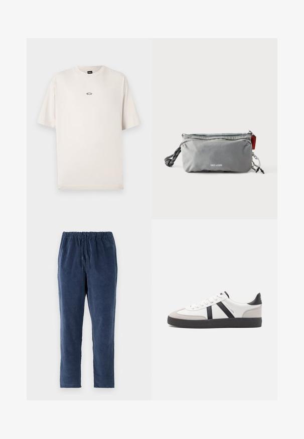 Oakley RISE TEE - T-shirt basic - mist; Marineblauwe broek met een zachte textuur, elastische tailleband en rechte pijpen. Geen zakken. Stof lijkt licht opgeruwd.; Witte sneaker met zwarte en grijze accenten, voorzien van een grijze neus met textuur, zwarte rubberen zool en platte witte veters. Schoon ontwerp, minimalistische stijl.; Grijze rechthoekige pouch met ritsen, zwart-wit touwhandvat aan één kant, en de tekst "ONLY & SONS" op de voorkant in het midden.