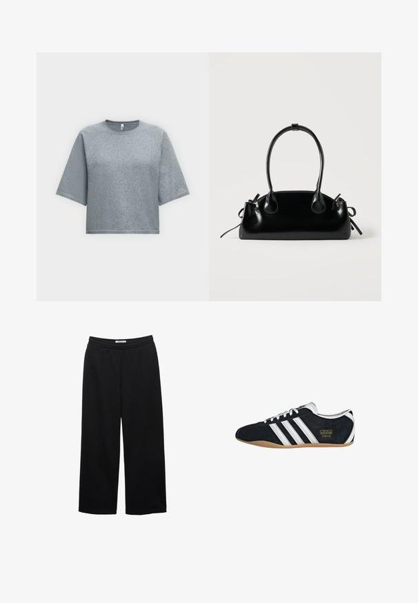 Pull gris clair à manches courtes, col rond, coupe boxy et courte sur fond blanc uni.; Pantalons noirs à jambes larges avec une taille élastique, présentant une texture lisse et deux plis avant pour un détail supplémentaire.; Sneakers en suede noir avec trois bandes blanches, logo doré et semelle en caoutchouc marron. Présente un design à lacets à profil bas.; Petit sac à main noir brillant avec deux longues anses et des détails à cordon sur les côtés sur un fond clair uni.