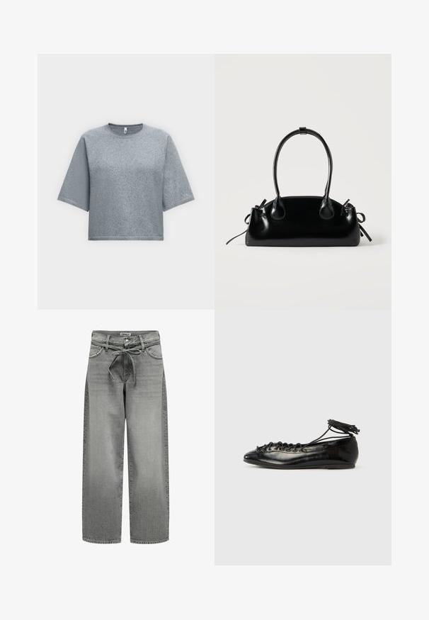 Lysegrå kortærmet, rundhalset sweater med en boxy, cropped pasform på hvid baggrund.; Bredde grå denim jeans med snøre i taljen og forlommer. Stoffet har en let struktur og en falmet overflade.; Sorte balletflade sko i laklæder med rundet tå, snørelukning og flad sål. Glat tekstur med få detaljer.; Lille sort blank håndtaske med to lange håndtag og snøre-detaljer i siden på en ensfarvet lys baggrund.