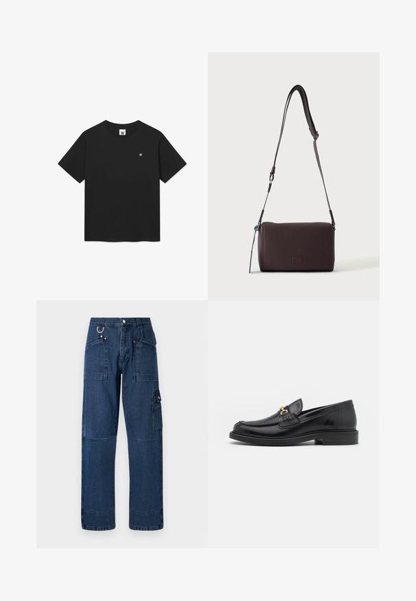 Zwart T-shirt met korte mouwen van katoen. Heeft een ronde hals en een klein logo op de borst. Glad textuur, normale pasvorm.; Donkerblauwe denim cargo broek met een rechte snit, voorzien van meerdere zakken, metalen hardware en contrasterende stiksels.; Zwarte leren instappers met een ronde neus, voorzien van een gouden hardware accent en stikdetails, geplaatst op een lage, getextureerde rubberen zool.; Donkerbruine gestructureerde leren crossbodytas met verstelbare riem en klein decoratief blauw accent aan de zijkant.