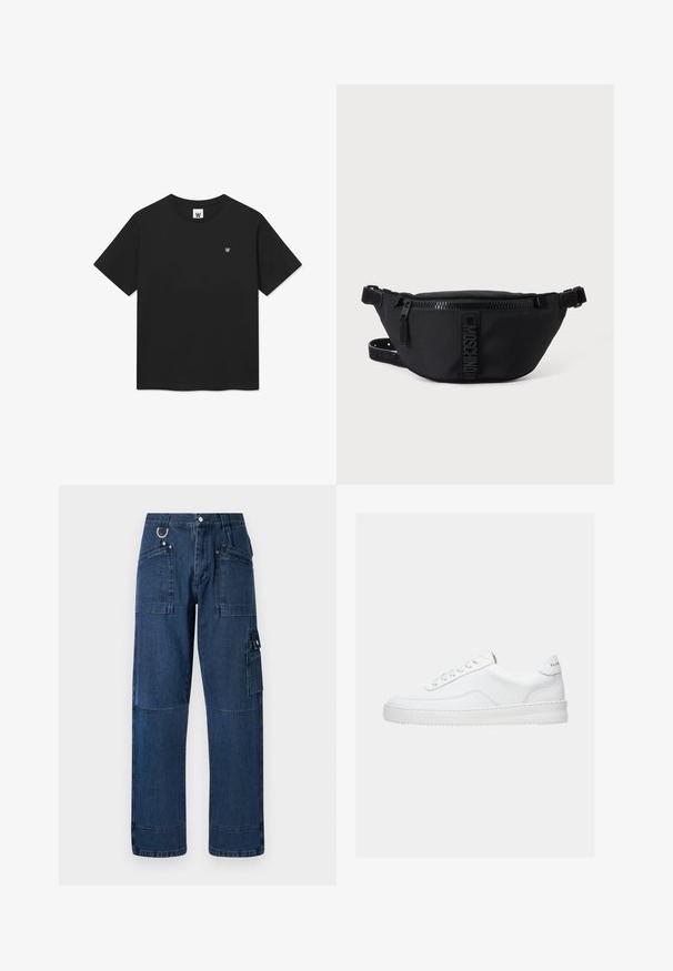 T-shirt noir à manches courtes en coton. Présente un col rond et un petit logo sur la poitrine. Texture lisse, coupe standard.; Pantalons cargo en denim bleu foncé avec une coupe droite, dotés de plusieurs poches, de quincaillerie en métal et de détails de surpiqûres contrastées.; Baskets basses blanches avec un design à lacets, dessus en cuir lisse et semelle épaisse, montrées de profil sur un fond uni.; Sac banane noir Moschino avec fermeture éclair frontale et sangle ajustable sur un fond uni clair.