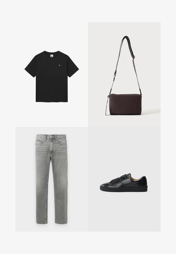 Zwart T-shirt met korte mouwen van katoen. Heeft een ronde hals en een klein logo op de borst. Glad textuur, normale pasvorm.; Grijze denim jeans met een rechte pijp, voorzien van een klassiek vijf-pocket ontwerp en subtiele vervaging voor textuur. Standaard ritsopening.; Zwarte leren sneaker met een gladde textuur, ronde neus en vetersluiting. Heeft een dikke rubberen zool en minimale merkaanpassing.; Donkerbruine gestructureerde leren crossbodytas met verstelbare riem en klein decoratief blauw accent aan de zijkant.