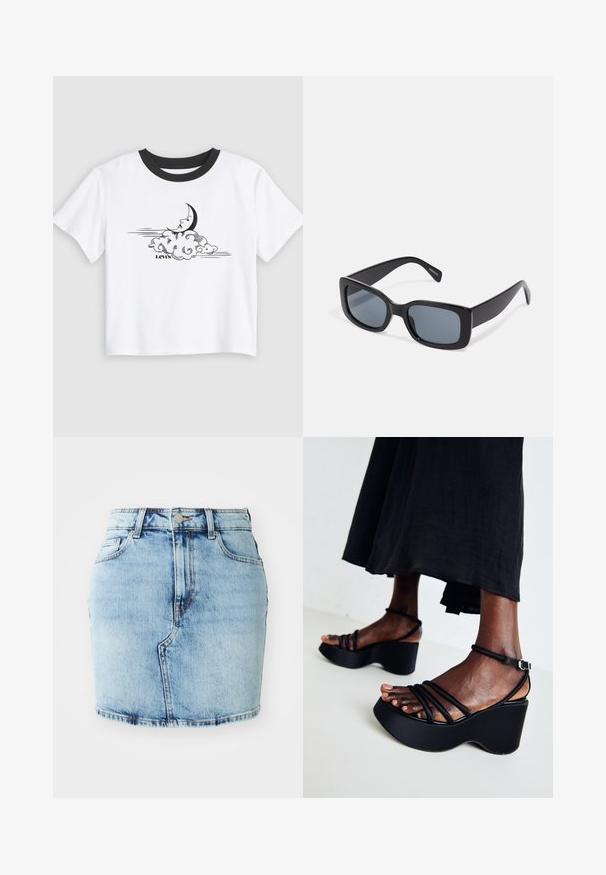 Valge lühikeste varrukatega T-särk musta ümarakaelusega, millel on must poolkuu näoga, üle keerleva pilvede ja allpool tekst "Levi's".; Heled sinine teksaseelik, mis on ideaalsete vormidega, viie tasku, nööbi ja luku sulgemisega ning õmblemisega detailidega hemmi ääres.; Mustad musta vööga sandaalid, millel on mitmed õhukesed rihmad, reguleeritav pahkluu pandla, tekstuuriga pind ja ümardatud kanna kuju.; Mustad mustad prillid tumedate läätsedega, paks plastikraam ja laiad templid. Sile pind ja nurgeline disain.