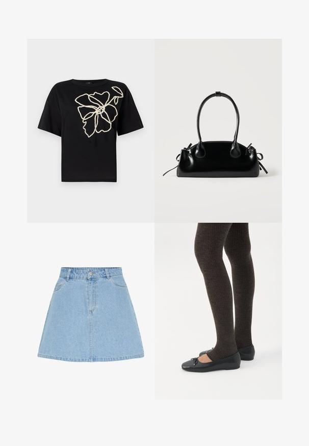 Zwarte t-shirt met korte mouwen met een bloemmotief in gemarmerde crème borduurwerk aan de voorkant, met een ontspannen pasvorm en ronde hals.; Lichtblauwe denim A-lijn rok met vooraan knopen en rits, ceintuurlussen en twee voorzakken.; Benen met donkere geribbelde leggings gecombineerd met zwarte ballerina's met kleine strikdetails op een witte achtergrond.; Kleine zwarte glanzende handtas met twee lange hengsels en zijkant trekkoord details op een effen lichte achtergrond.