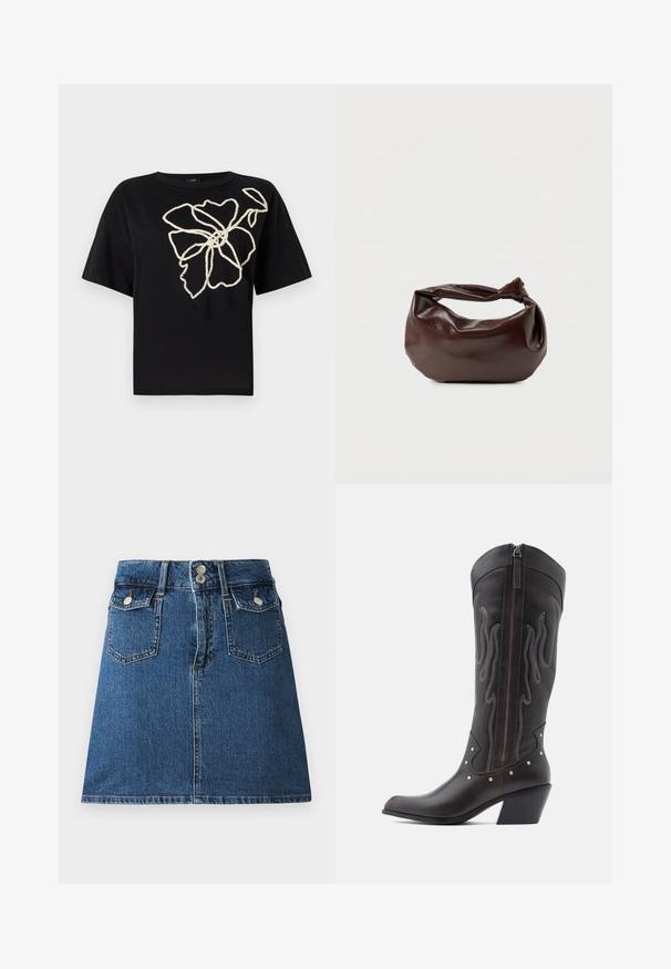 Sort kortærmet t-shirt med et blomsterdesign i struktureret crememønster broderi på forsiden, der har en afslappet pasform og rund hals.; Denim nederdel i dyb blå, med en tætsiddende talje, to forlommer, to baglommer og sølvfarvede knaplukninger.; Brune læder cowboystøvler med flammebroderi, sidelukning med lynlås, sølvnitter, spids snude og lagdelt hæl.; Mørkebrun læder skuldertaske med en blød, afslappet form og et snoet knudehåndtag på en ensartet hvid baggrund.