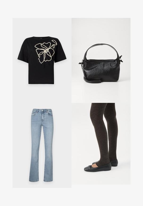 Sort kortærmet t-shirt med et blomsterdesign i struktureret crememønster broderi på forsiden, der har en afslappet pasform og rund hals.; Lyseblå denim flared jeans med høj talje, der har lynlås- og knaplukning, fem lommer og diskret falmning langs benene.; Ben iført mørke ribbede leggings kombineret med sorte balletsko med små sløjfedetaljer på hvid baggrund.; Sort læderhåndtaske med et struktureret design, rund tophåndtag og aftagelig skulderrem. Den har en glat tekstur og en subtil glans.