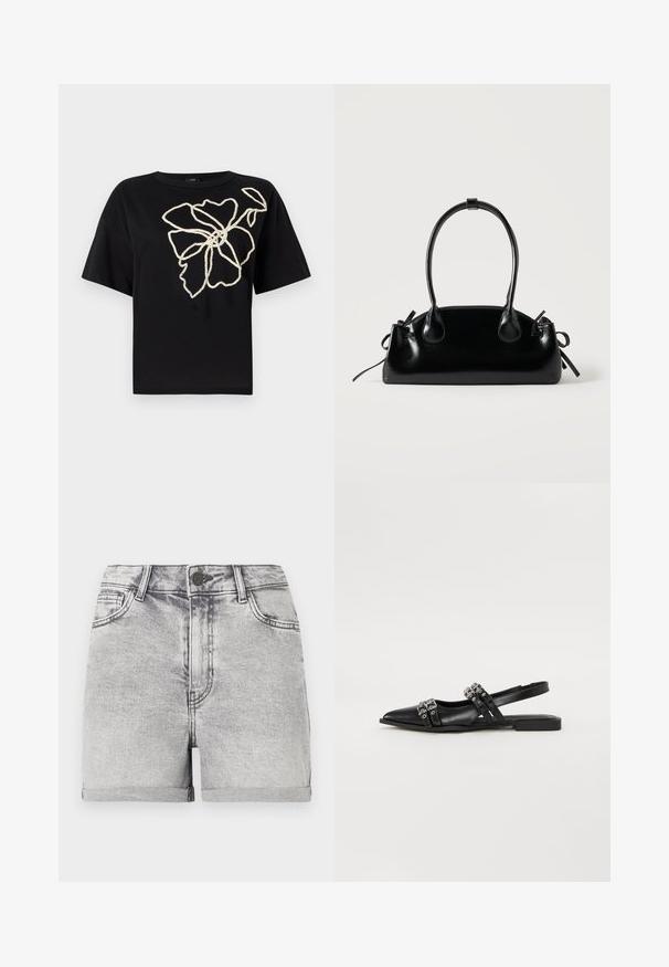 Zwarte t-shirt met korte mouwen met een bloemmotief in gemarmerde crème borduurwerk aan de voorkant, met een ontspannen pasvorm en ronde hals.; Grijze denim shorts met opgerolde zomen, vijf-pocket ontwerp en een centrale knoopsluiting. Soepele textuur met subtiele vervagingsdetails.; Even&Odd Slingback ballerina´s - black; Kleine zwarte glanzende handtas met twee lange hengsels en zijkant trekkoord details op een effen lichte achtergrond.
