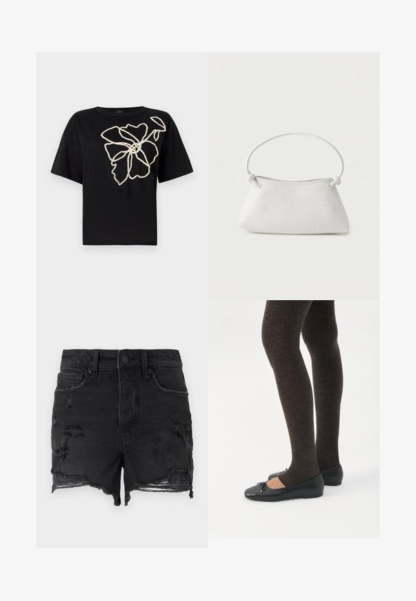 T-shirt noir à manches courtes avec un motif floral en broderie crème texturée sur le devant, présentant une coupe décontractée et un col rond.; Good American Short en jean - black; Jambes portant des leggings côtelés foncés associés à des ballerines noires avec de petits détails en nœud sur fond blanc.; Sac à main en cuir tressé blanc avec poignée arrondie et extrémités de lanière nouées, présenté sur un fond uni.