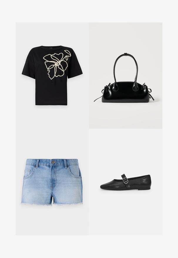 T-shirt noir à manches courtes avec un motif floral en broderie crème texturée sur le devant, présentant une coupe décontractée et un col rond.; Shorts en denim bleu clair avec un ourlet effiloché, cinq poches et une fermeture à bouton à l'avant. Présente un délavage passé et une coupe droite.; Chaussure plate en cuir noir avec un bout arrondi, une seule sangle réglable à boucle et une texture lisse et brillante. Design minimaliste avec un petit talon.; Petit sac à main noir brillant avec deux longues anses et des détails à cordon sur les côtés sur un fond clair uni.