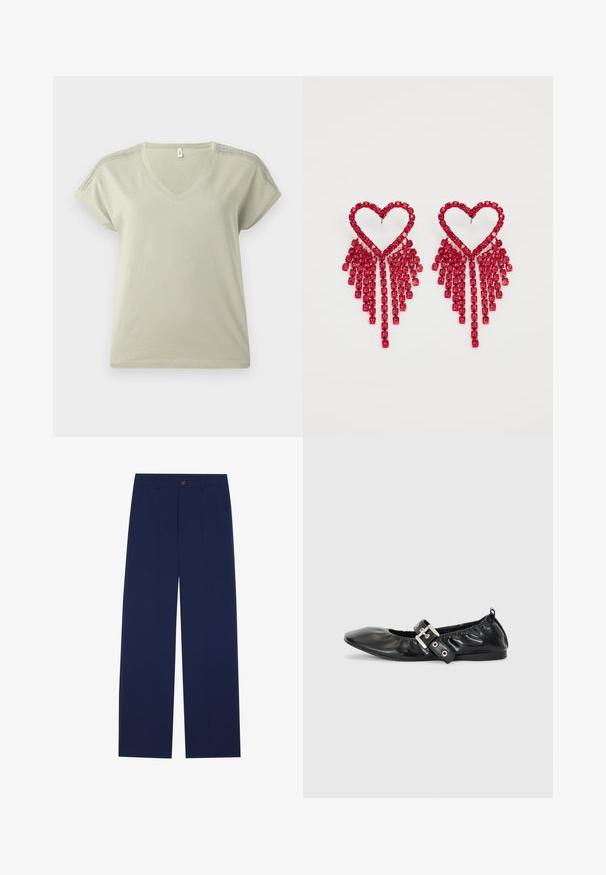 T-shirt beige clair à manches courtes et col en V, avec un détail en dentelle au crochet le long des coutures des épaules, présenté sur un fond uni.; Pantalons larges bleu marine en tissu lisse, dotés de poches avant, d'une fermeture à bouton et d'un design sur mesure avec des plis.; Chaussure plate en cuir noir avec un nez pointu, des détails froncés autour de l'ouverture et un accent en boucle argentée sur la bride ajustable.; Even&Odd Boucles d'oreilles - red