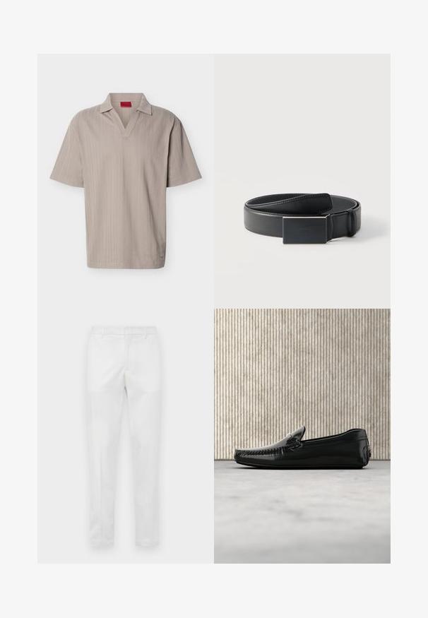 Beige gebreid poloshirt met korte mouwen, voorzien van een geribbelde verticale streepstructuur en een open V-hals kraag.; Slim-fit witte broek met riemlussen, ritssluiting aan de voorkant en zijzakken, plat weergegeven op een neutrale achtergrond.; Zwarte leren loafers met een glanzende afwerking, ronde neus en decoratieve hardware aan de voorkant. Laag profiel rubberen zool. Gladde textuur.; Zwarte leren riem opgerold met een rechthoekige matte zwarte gesp en een discreet geperst logo op een witte achtergrond.